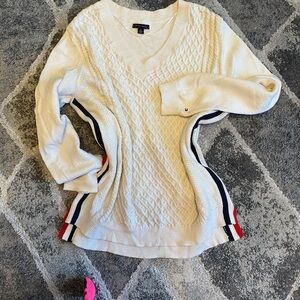 Tommy Hilfiger Cream V-Neck Sweater with Red and Blue Stripes